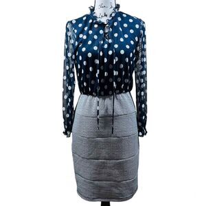 Enfocus studio Blue dress Polka dot long sleeve ruffle mock neck size 8 pin up